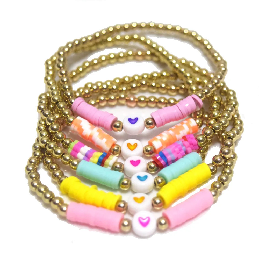 Handmade Bohemian Fashion Colorful Cute Polymer Clay Bead Beaded with Acrylic Heart Bead Charm Bracelet Jewelry for Anniversary