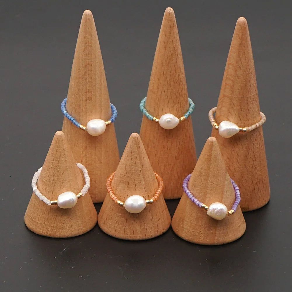 Girls Creative Hand Made Jewelry Gift Stretch Elastic Miyuki Seed Beaded Statement Mother of Pearl Ring