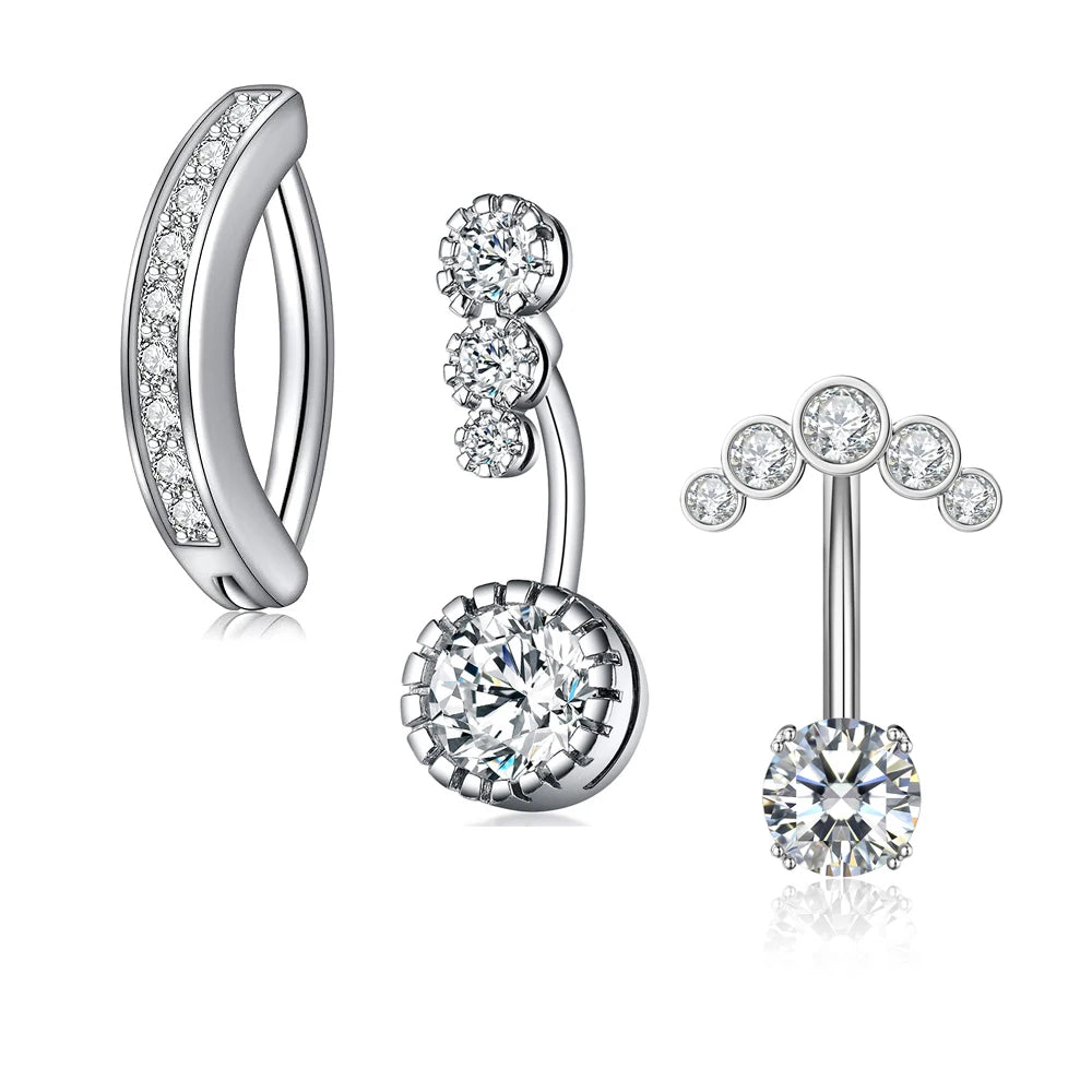 Set of 3 14G Surgical Stainless Steel Zircon Clicker Belly Button Rings Women's Navel Piercings for Wedding and Engagement