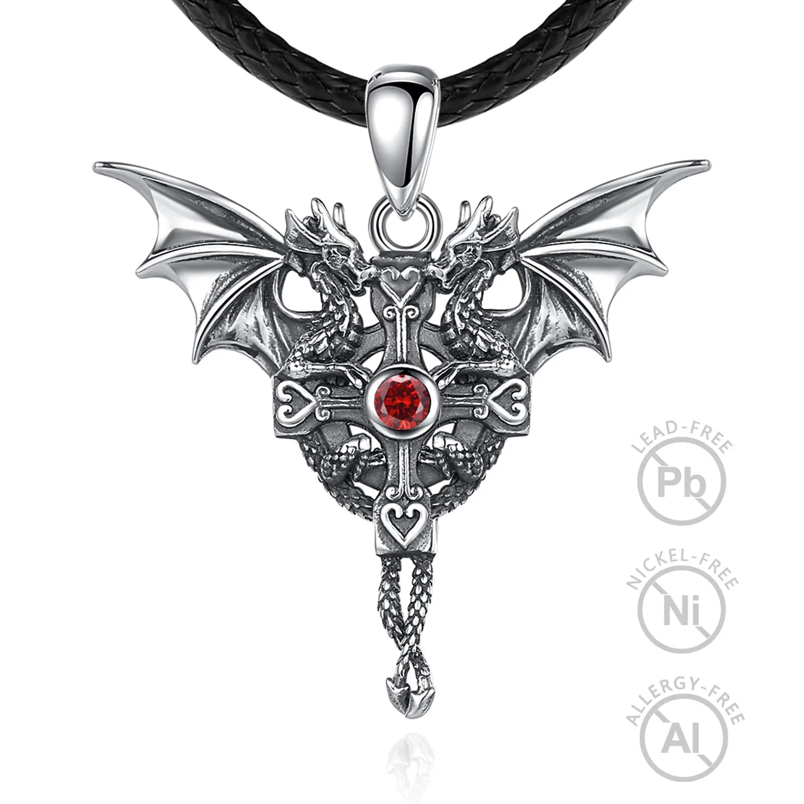Vintage Red Cubic Zirconia 925 Sterling Silver Gothic Punk Jewelry Viking Dragon Pendant Necklace for Men