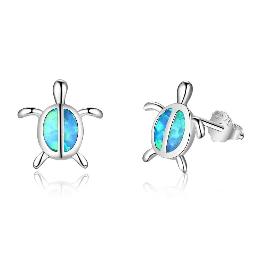 New Arrival Jewelry 925 Sterling Silver Rhodium Plated Hawaii Animal Sea Turtle Gemstone Opal Stud Earrings for Women