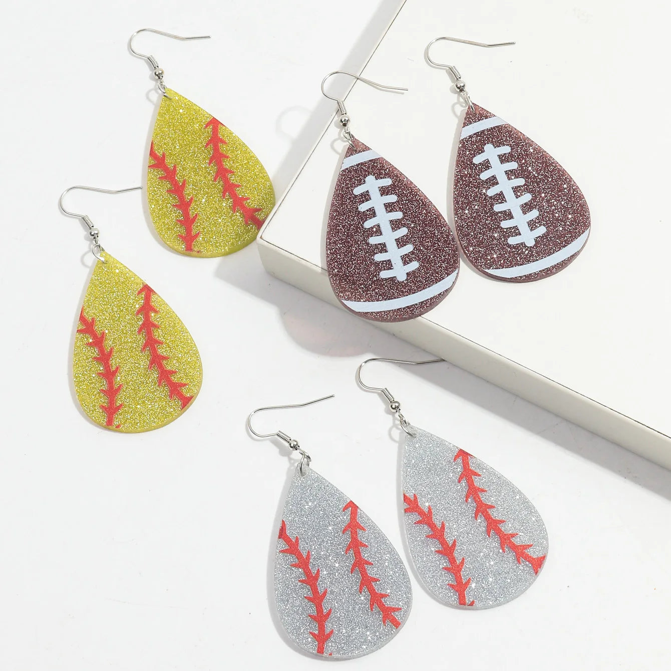 Wholesale FS Brand Acrylic New Popular Sports Ball Game Jewelry Baseball American Football Glitter Water Drop Dangling Earrings