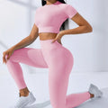 Custom Logo Fitness Clothing Leggings Gym Active Wear 2 Pieces Short Sleeves Top Workout Women Ribbed Seamless Yoga Set