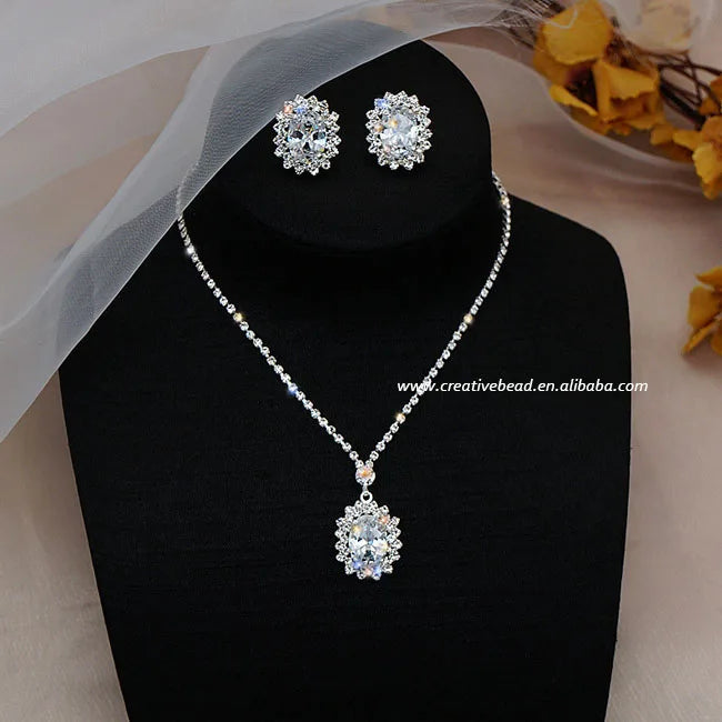 Silver Plated Crystal Stone Wedding Pendant Necklaces Earrings Jewelry Sets Bride Clear Zircon Jewelry Sets for Women