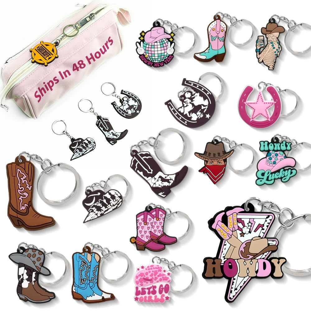 pink Cowboy Cowgirl Hat Boot Customized Unique Products Silicone Pvc Rubber Keychains Cute Key Chain Ring Anime Accessories