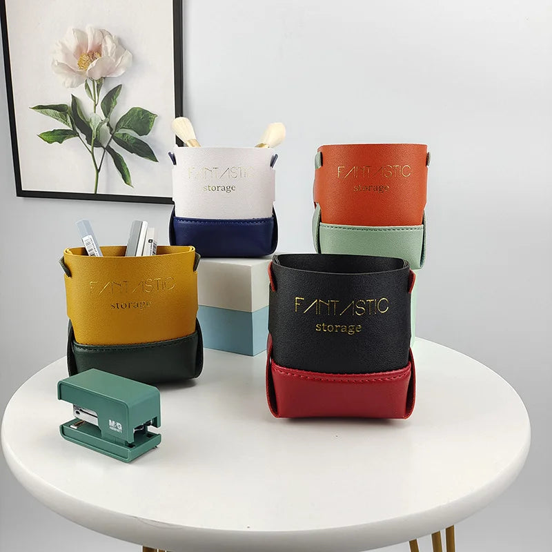 Custom Office Desktop Pen Holder Cosmetic Brush Holder Foldable Storage Creative PU Leather Jewelry Storage Box Basket