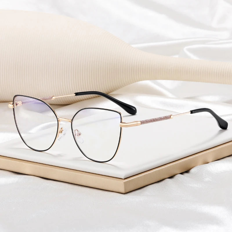 MS 81606 Women Metal Cat Eye Glasses Fashionable Colored Frames in Black Gold Red Pink Green Silver Anti-Blue Decorative Style MegaBDM