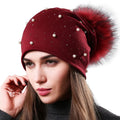 Winter Hat Woman Double Layer Cotton Beanie Hat Pearl Chunky Slouchy Beanie Hats Ski Cap with Detachable Raccoon Pompom