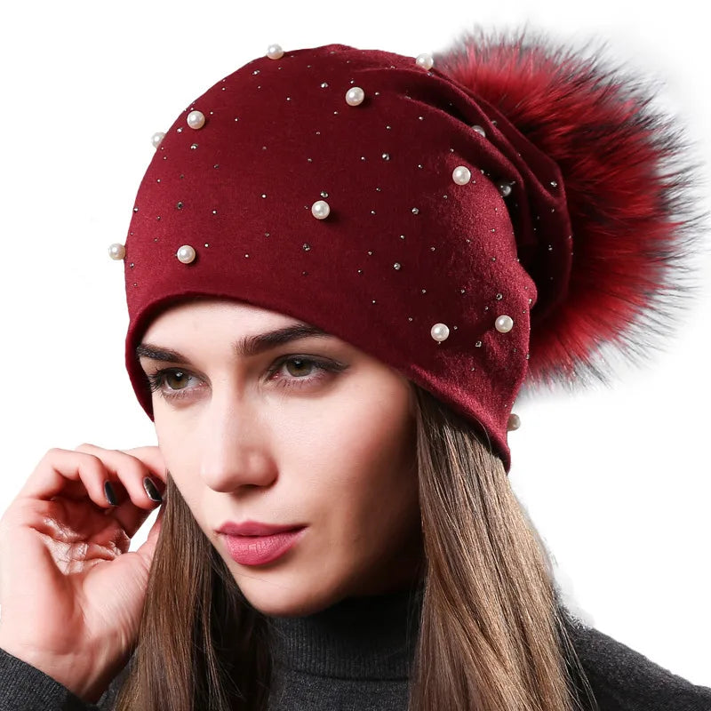 Winter Hat Woman Double Layer Cotton Beanie Hat Pearl Chunky Slouchy Beanie Hats Ski Cap with Detachable Raccoon Pompom