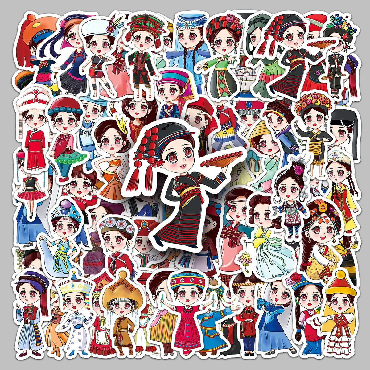 56PCS Factory Hot Notebook Stickers Personalized Customized Vinyl Self-adhesive Cartoon 56 Nationalities Stickers