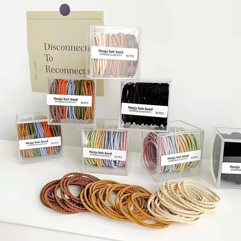Wholesale Hot Selling Ins Style High Elastic Rubber Hair Band Hair Ties 50 Pcs/box Women Black  Rubber Band with Zip Bag