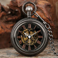 Vintage Transparent Cover Roman Style Mechanical Skeleton Pocket Watch for Men Black Hand Winding Locket Watch with Fob Chain