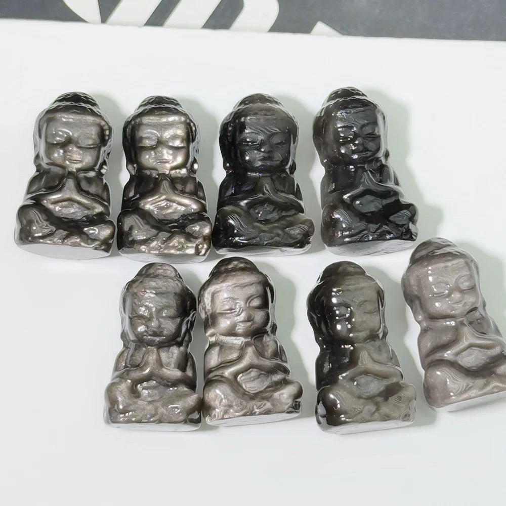 Wholesale New Arrived Natural Silver Obsidian Baby Buddha Crystal Engraved Carved Healing Stone Craft for Gift