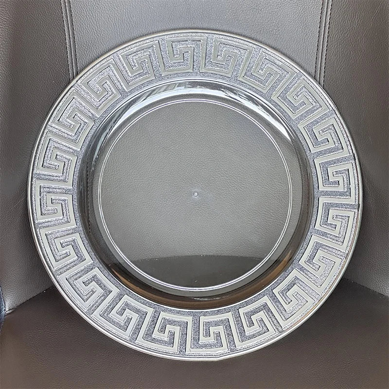 Wholesale Elegant Round Silver Rim clear Acrylic Plastic Charger Plate Wedding Event Dishes for Decoration
