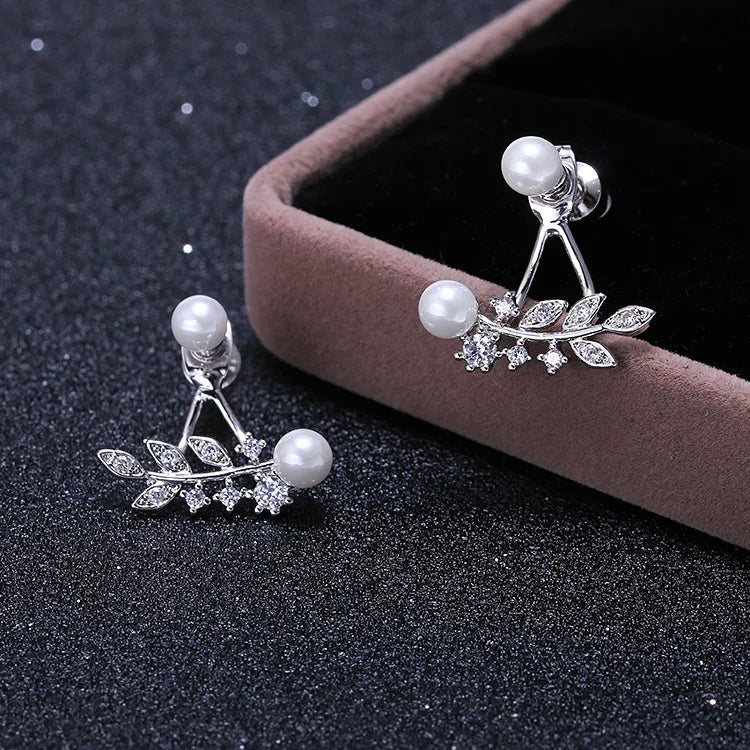 S925 Sterling Silver Korean Fashion Earrings with Zircon Crystal Leaves Pearl Diamond Silver Jewelry Accessories