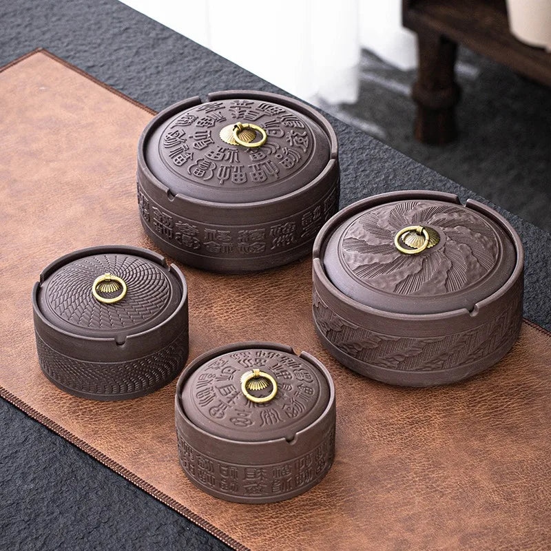 MSH Chinese-Style Embossed Purple Clay Ashtrays with Anti Fly Ash Lid for Hotel/Office