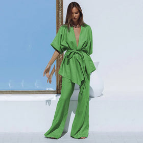 Fashion Suit Cotton and Linen Short-sleeved Trousers Plus Size Womens Clothing Two Piece Pants Set With Belt