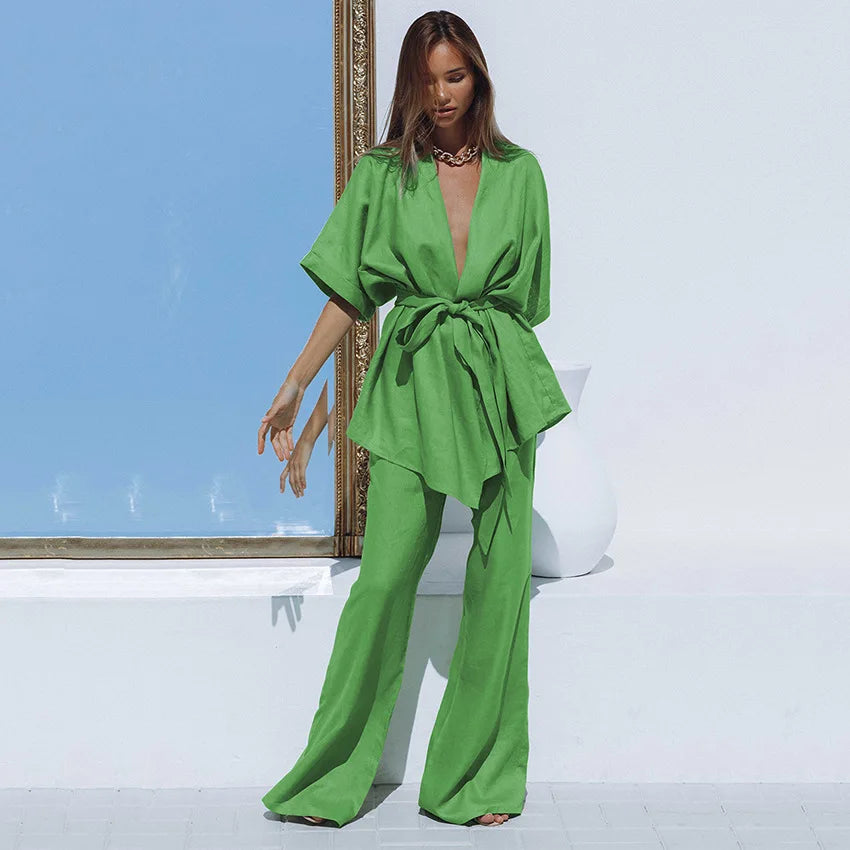 Fashion Suit Cotton and Linen Short-sleeved Trousers Plus Size Womens Clothing Two Piece Pants Set With Belt