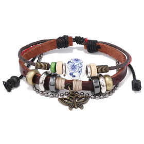Wholesale Fashion Charm Bracelets for Men and Women Ceramic Beads Leather Butterfly Pendant Bracelet