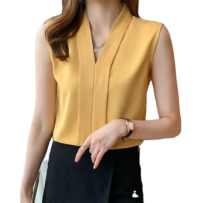 687# Blusas Mujer De Moda 2026 Women V-Neck Chiffon Blouse Shirt Sleeveless Blouses Femme Ladies Tops Shirts
