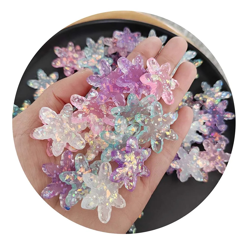 100pcs Mini Resin Snow Snowflake Flatback Cabochon Glitter Christmas Ornament Phone Case Craft DIY Earring Hairpin Accessories