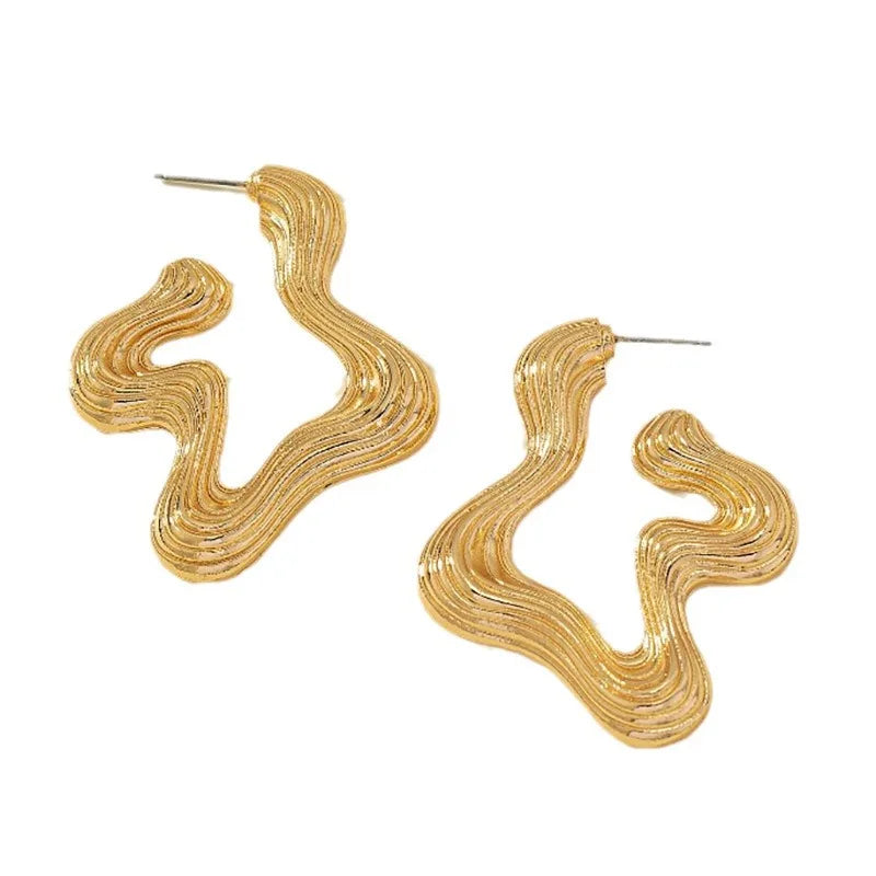 Retro Style 18k Plated Gold Stainless Steel Texture Stud Earrings Geometric Irregular Design Exaggerated Charm Earring Jewelry