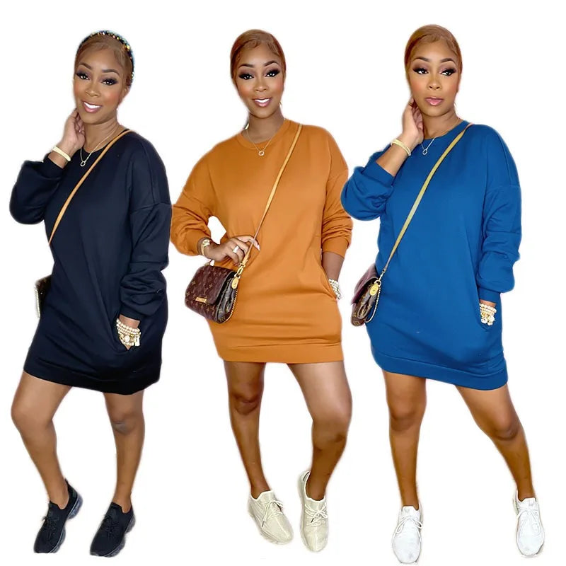 2024 Hot Selling Autumn Winter Casual Pocket Dress Fashionable Hoodie with Solid Pattern Breathable Eco-Friendly Washable