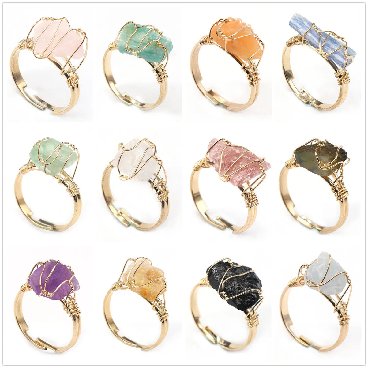 Fashionable Raw Ore Agate Stone Wire Wrapped Adjustable Opening Ring Gold Plated Brass Ring for Daily or Festival Gifts