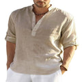 Fitspi Men's Casual Cotton and Linen Solid Color Long Sleeved Shirt Loose Lapel Shirt Fashion in Stock Wholesale