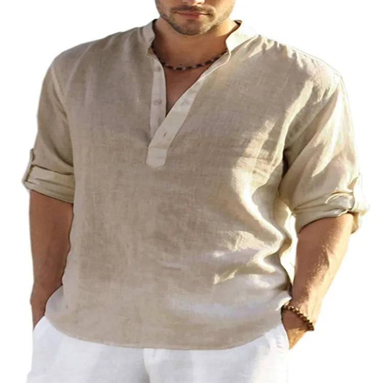 Fitspi Men's Casual Cotton and Linen Solid Color Long Sleeved Shirt Loose Lapel Shirt Fashion in Stock Wholesale