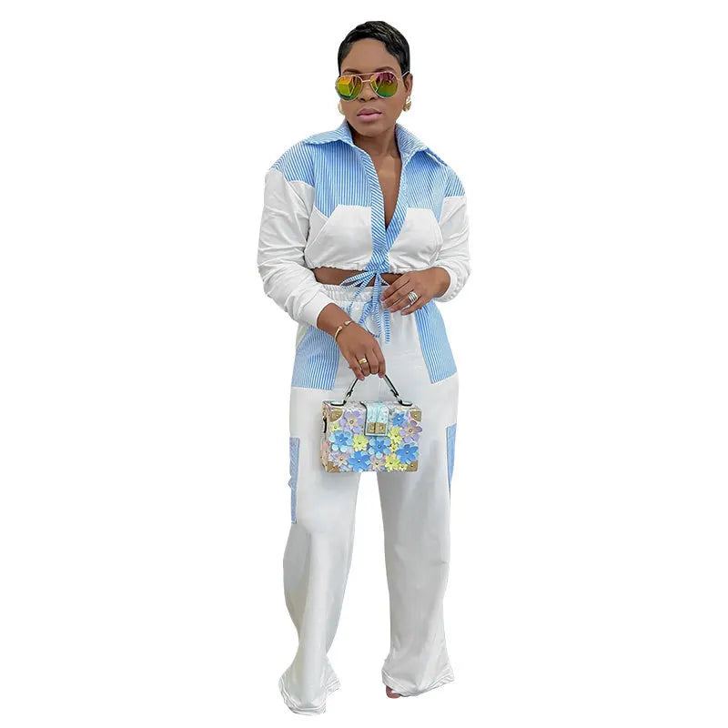 Latest Design Patchwork Striped Blouse and Pants Set Fall Pants Sets for Women Women's Two-piece Suit
