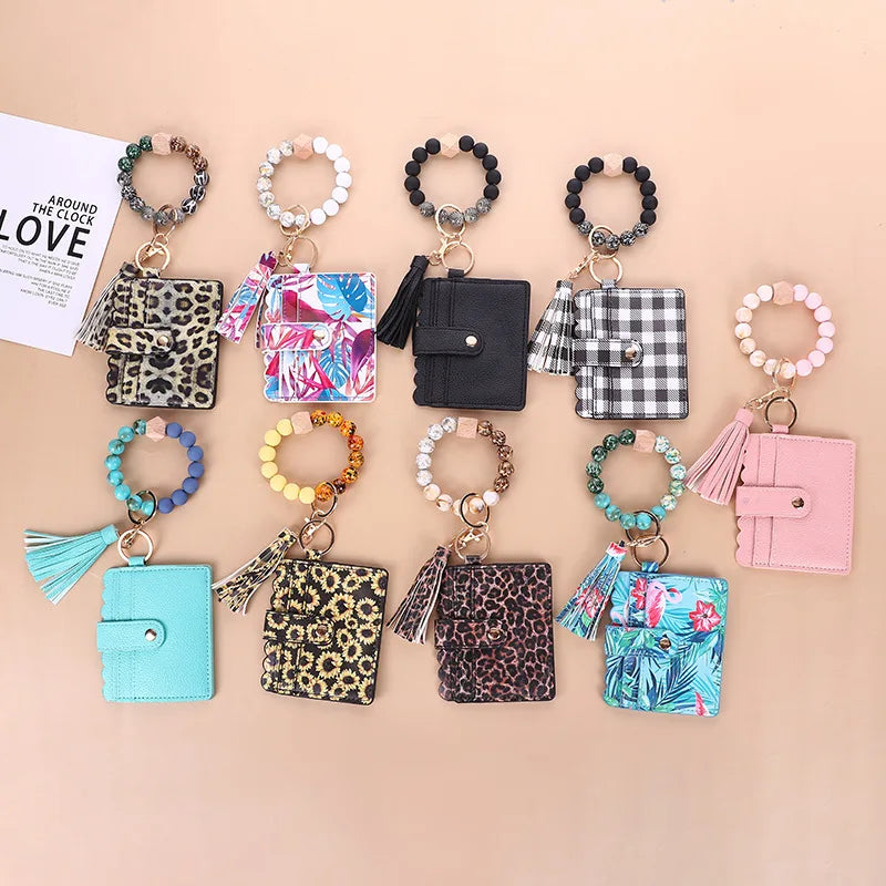 Snakeskin Pattern PU Leather Tassel Bangle Wristlet Keychain Card Holder Women Wooden Beaded ID Credit Cards Wallet Key Chain