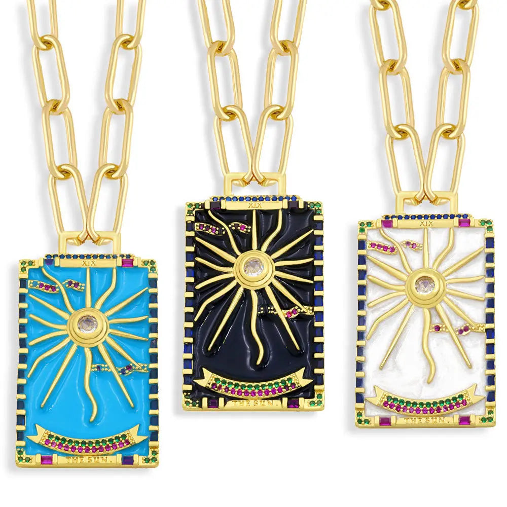 Handmade Drop Oil Crystal Gold Filled Women Colorful Vintage Enamel Amulet Tarot Card Charm Pendant Necklace