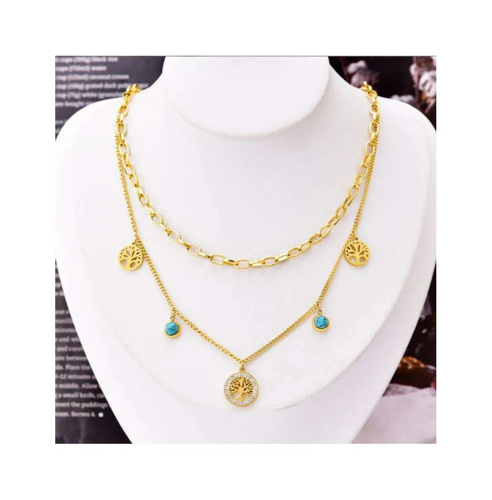 Waterproof 18k Gold Plated NECKLACE Double Layer EYE TREE PENDANT Necklace Stainless Steel Clavicular Chain Titanium Steel