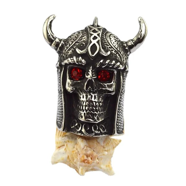 Factory Direct Supply Vintage Viking Antique Silver Engraved Horned General Pirate Skull Stainless Steel Gold Ring Ruby Eyes