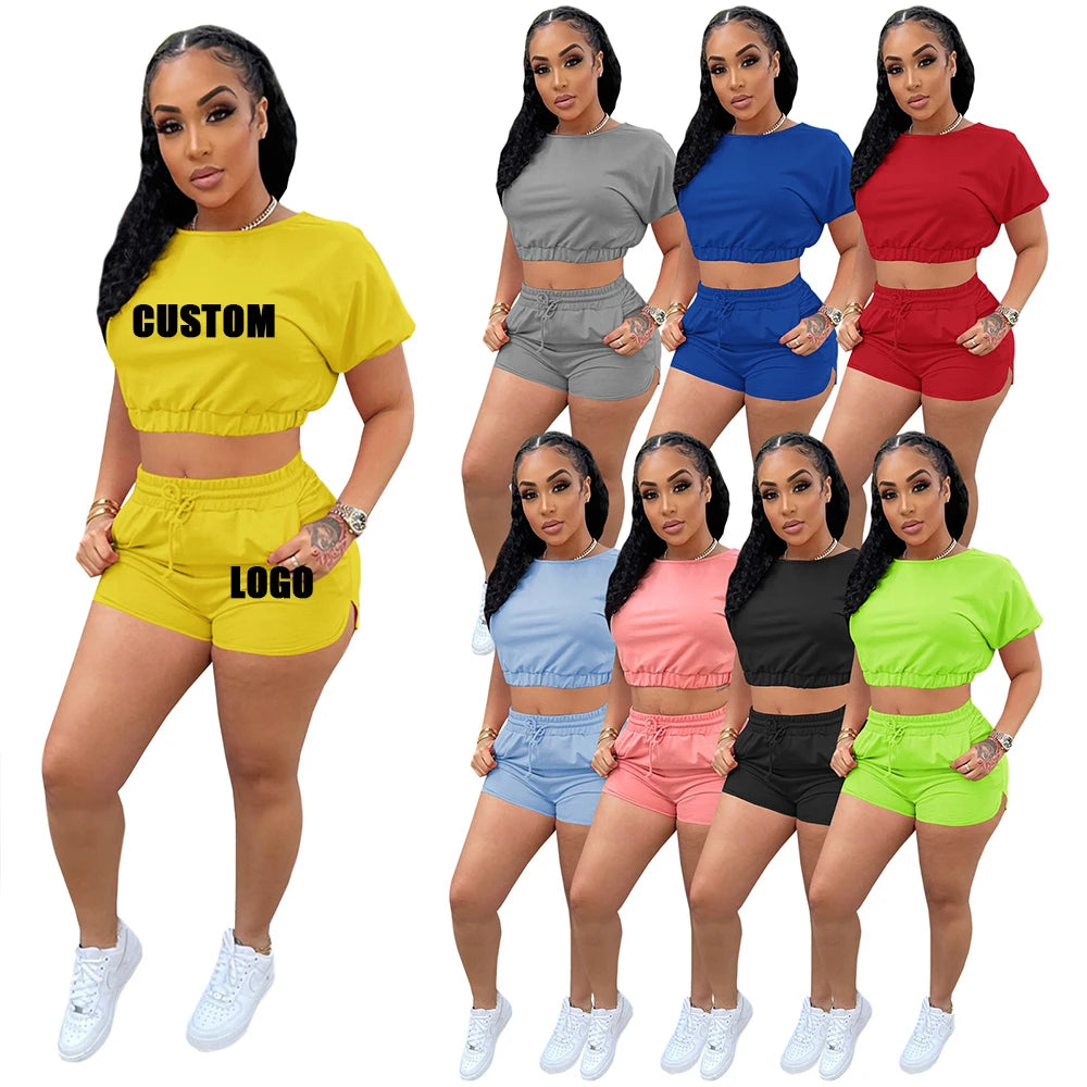 Custom Logo Womens T Shirt Clothing Fashion Short High Waist Tracksuit Casual Women'S Sets Crop Top 2 Two Piece Pants Set