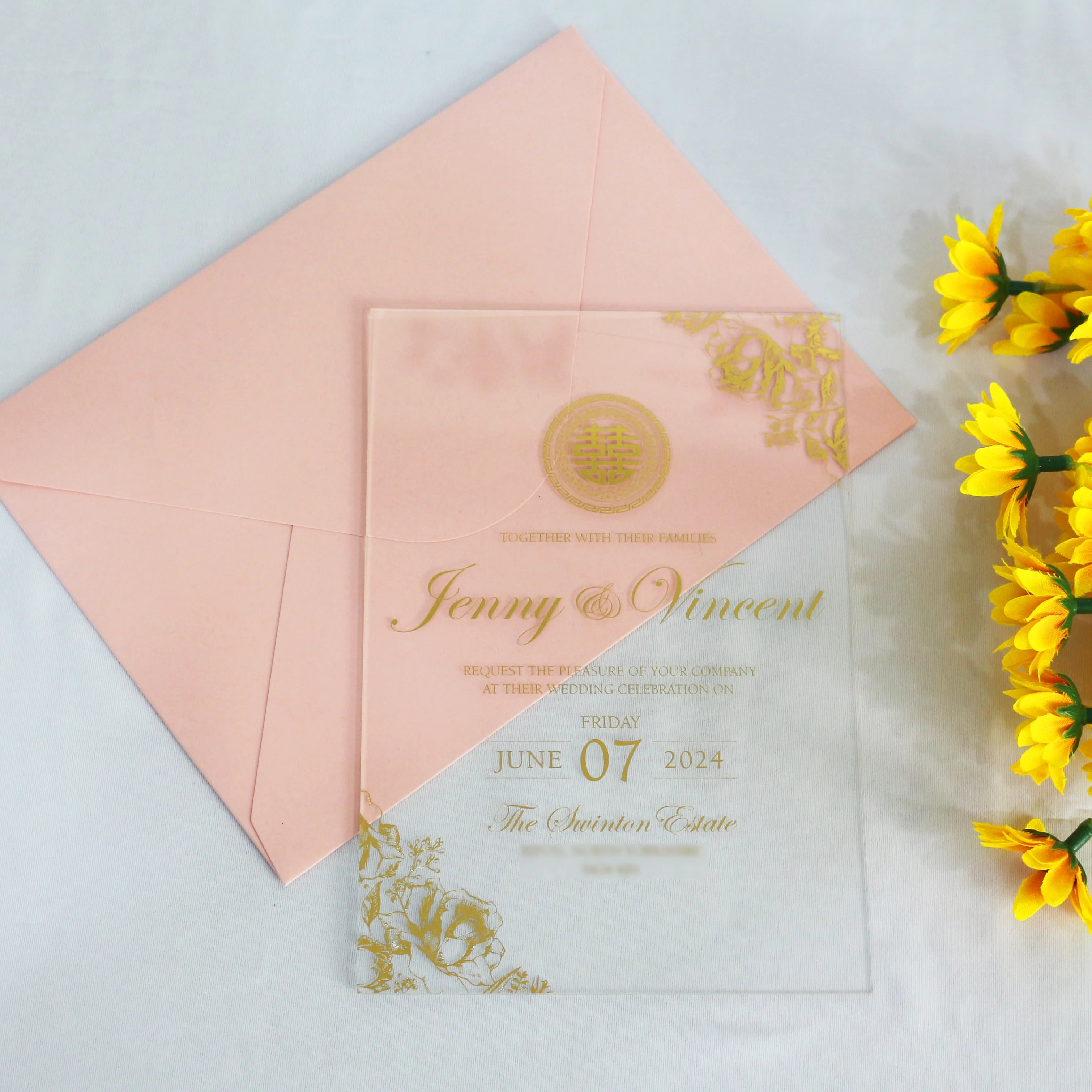 Transparent Acrylic Card 5*7 Inches Custom Gold Foil Design Wedding Invitation with Matched Pink Blush Envelope