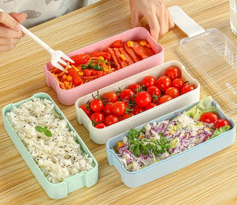 Custom Wholesale Three-layer Wheat Plastic Lunch Box Student Adult Lunch Boxes with Cutlery Square Lunch Box