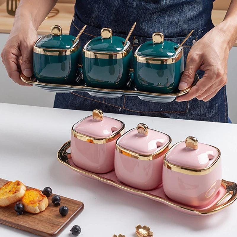 Luxury Household Gold Edge Kitchen Supplies Ceramic Spice Jar Set Storage Jar Set with Ceramic Tray  Salt Jar Wholesale