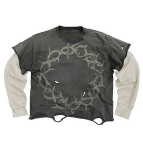 Custom 100% Heavyweight Cotton Waffle Sleeve Knit T-Shirts Sun Faded Acid Wash with Distressed Design Oversized Fit