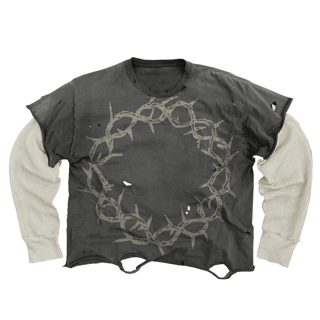 Custom 100% Heavyweight Cotton Waffle Sleeve Knit T-Shirts Sun Faded Acid Wash with Distressed Design Oversized Fit