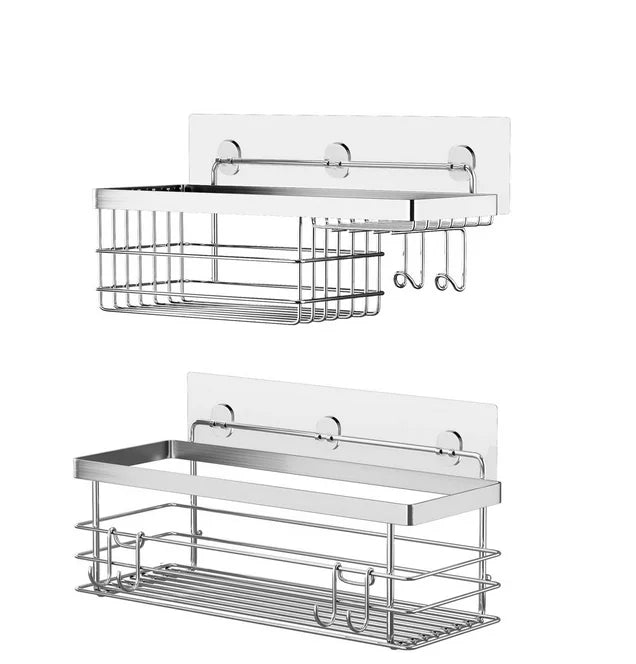 2 Pack Eco-Friendly Modern Stainless Steel Shower Bathroom Shelf Wall-Mounted No-Drilling Corner Design Hook Organizer Set Hotel