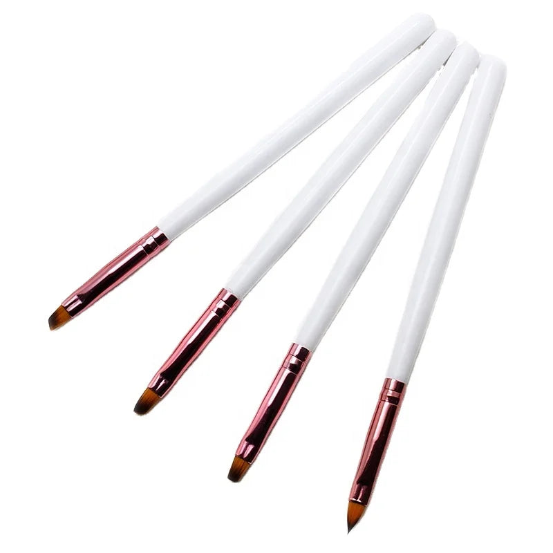 Socheal Wholesale 4pcs Flat Head Gel Nail Art Brush Set with White Wood Handle Nylon Hair 3D Carving Pen