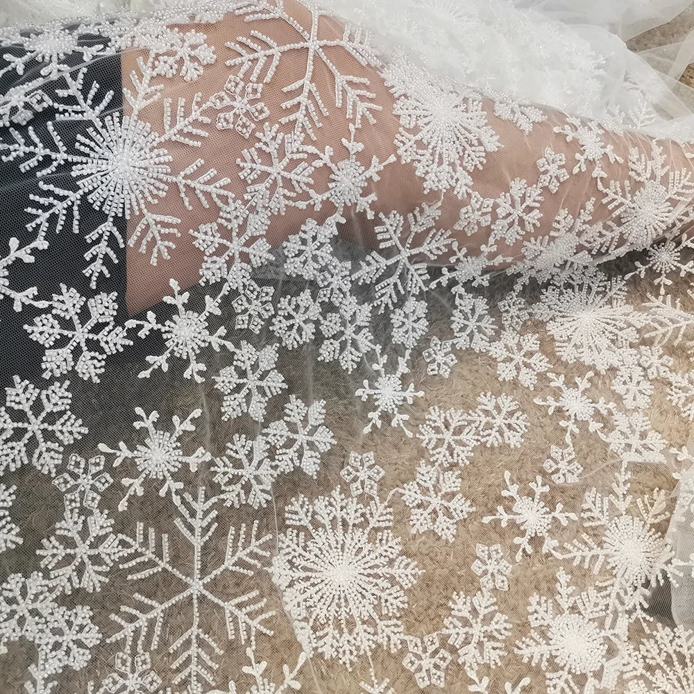 White Snowflake Pattern African Embroidery Tulle Mesh Lace Fabric With Beads for Bridal Wedding Dress