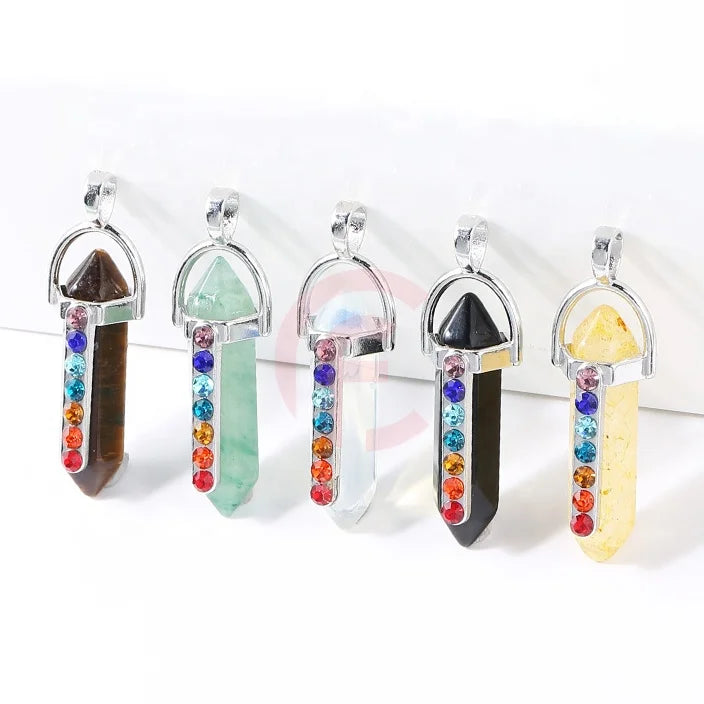 New 7 Chakra Diamond Natural Stone Crystal Amethyst Rose Quartz Healing Bullet Hexagonal Pendant Necklace for Women and Men