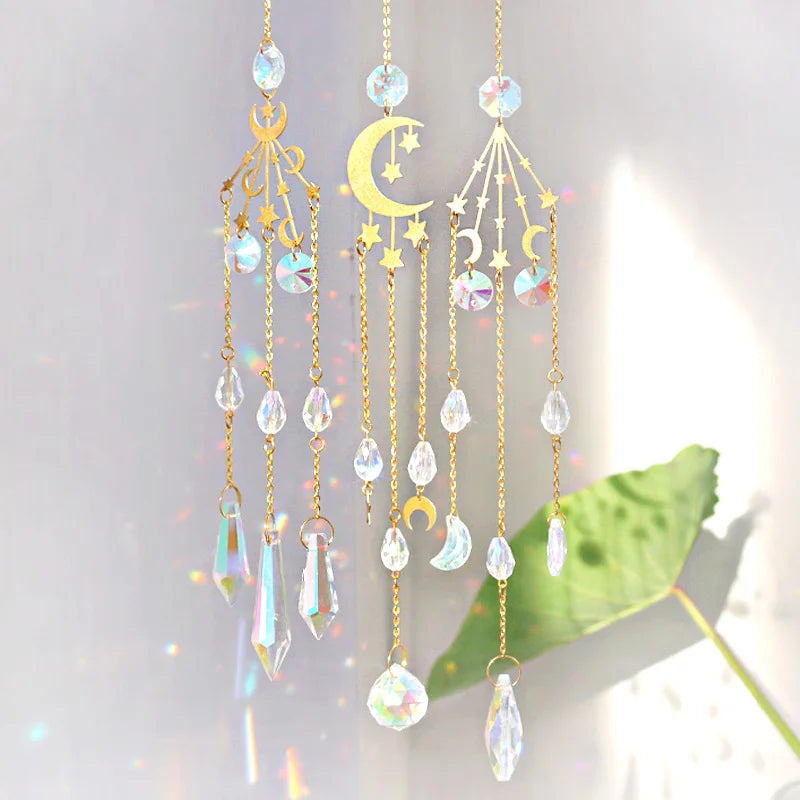 Wholesale Hanging Crystal Moon and Stars Sun Catcher Wind Chimes Gold Brass Glass Suncatchers for Window Decor