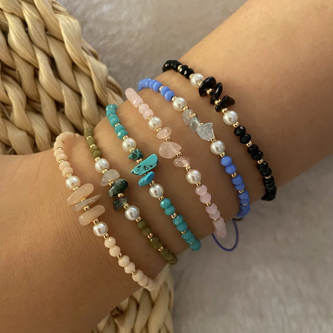 Braided Woven Adjustable Small Faceted Crystal Bead Natural Gravel Stone Bohemian Bracelet for Women Girls
