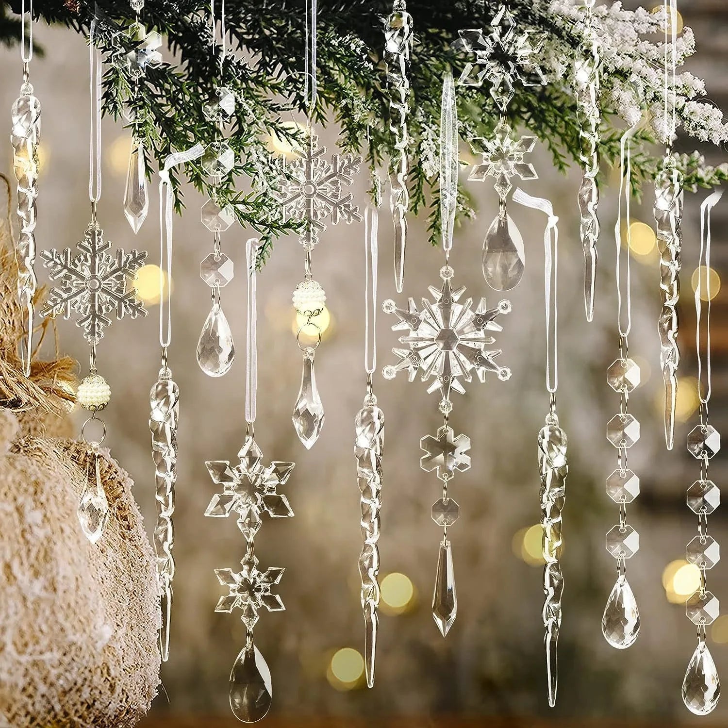 10pcs Christmas Tree Decoration Crystal Ornaments Hanging Acrylic Christmas Snowflake Icicle Drop for New Year Party Supplies