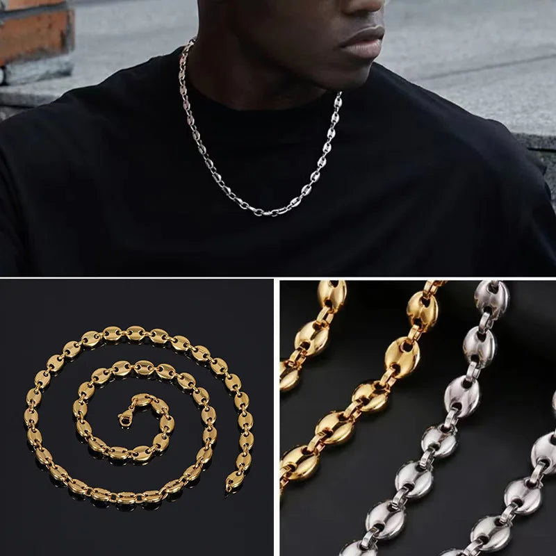 European American Hip-hop New Men's Gold Plated Titanium Steel Light Luxury Necklace Rope Chain Coffee Bean Wedding Party