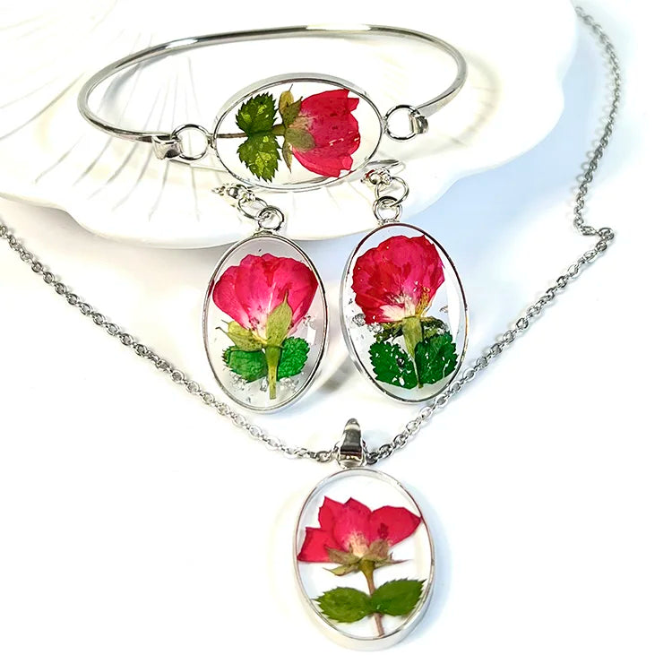New Creative Real Rose Flower Resin Jewelry Women/Girl's  Dried Flower Jewelry Set  Necklace and Earrings Set